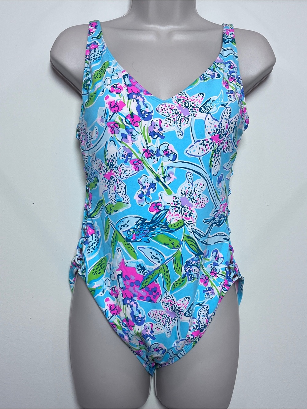 Lily Pulitzer One-Piece Swimsuit Preppy Floral Lace-up Size 10 Beach Pool Summer